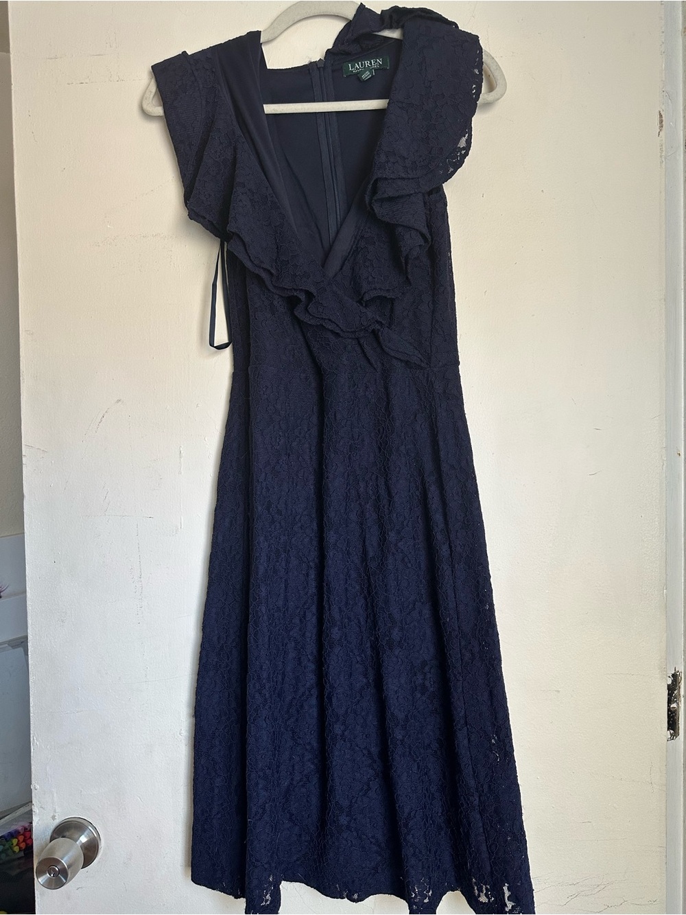 Ralph Lauren Navy Lace V-Neck Ruffle Midi Dress